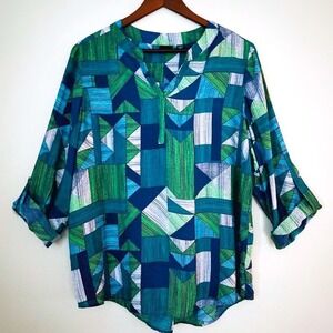 Westbound Geometric Print Relaxed Top Sz XL Blue Green 3/4 Sleeve Casual Modern